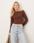 [ASOS DESIGN] ASOS DESIGN waffle long sleeve top in brown S BROWN