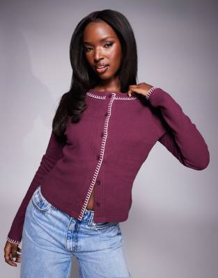 waffle long sleeve top with blanket stitch detail in burgundy-Red