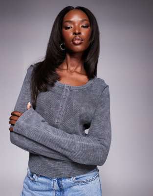 waffle long sleeve top with stitch detail in washed charcoal-Gray