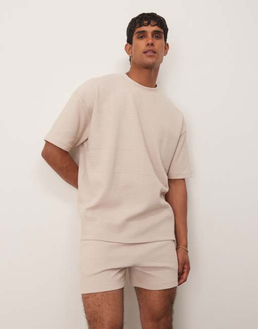 ASOS DESIGN waffle lounge set with shorts in beige
