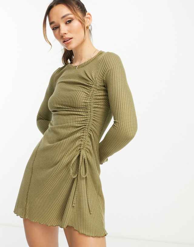 ASOS DESIGN waffle mini dress with ruched side detail in khaki