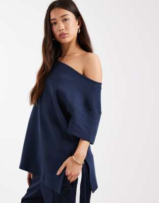 Asos Design Waffle Off Shoulder T-shirt In Blue