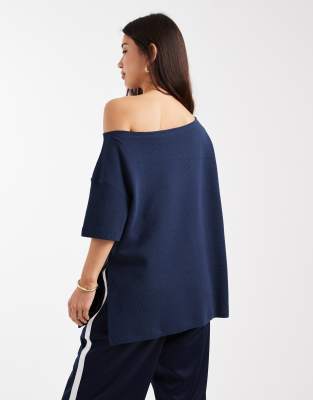 Asos Design Waffle Off Shoulder T-shirt In Blue