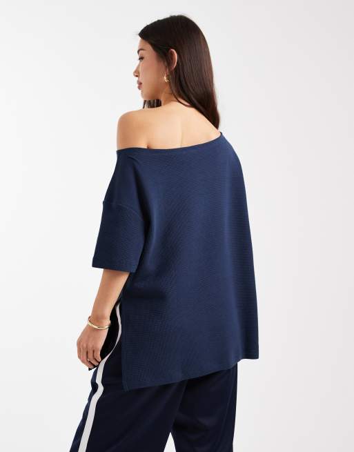 ASOS DESIGN waffle off shoulder T-shirt in navy | ASOS