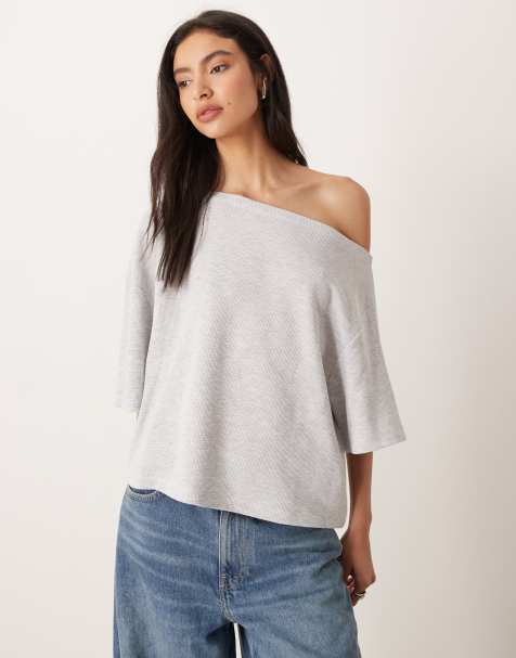 ASOS DESIGN waffle off-shoulder tee in gray heather - view 1