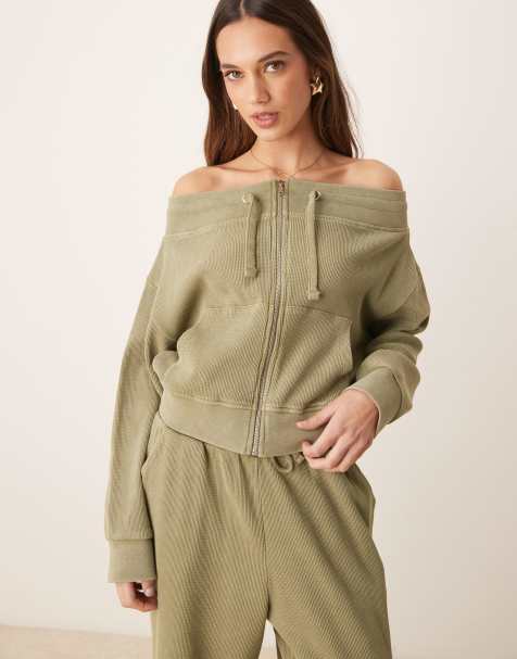 ASOS DESIGN waffle off shoulder zip through sweat in khaki (part of a set) - view 1