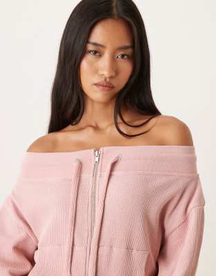Asos Design Waffle Off Shoulder Zip Through Sweat In Multi