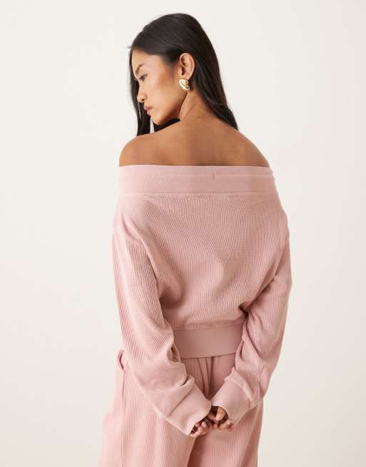 ASOS DESIGN waffle off shoulder zip through sweat in pink, 3 of 4
