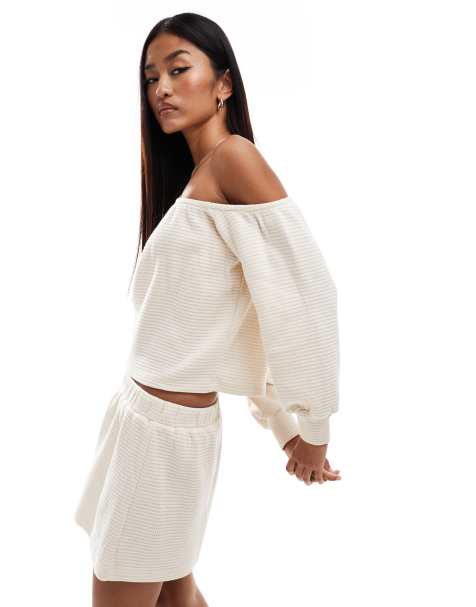 ASOS DESIGN waffle one shoulder sweat top co ord in ecru - view 1