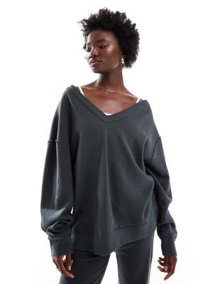 Asos Design Waffle Oversized Off-shoulder V-neck Sweatshirt In Washed Charcoal - Part Of A Set-gray