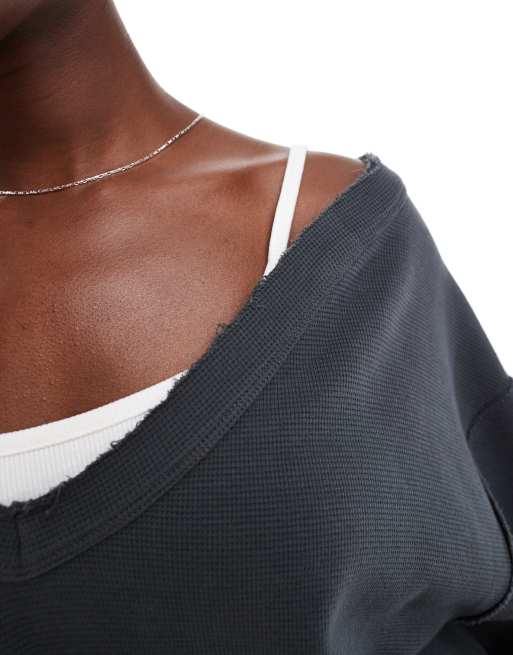 ASOS DESIGN waffle oversized off-shoulder V-neck sweatshirt in