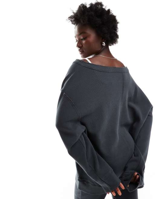 ASOS DESIGN waffle oversized off-shoulder V-neck sweatshirt in
