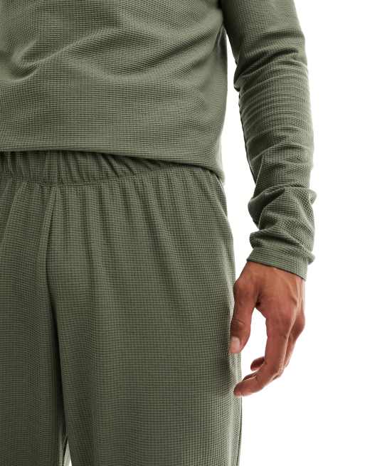 ASOS DESIGN waffle pajama set with long sleeve t-shirt and bottoms in khaki, 3 of 4