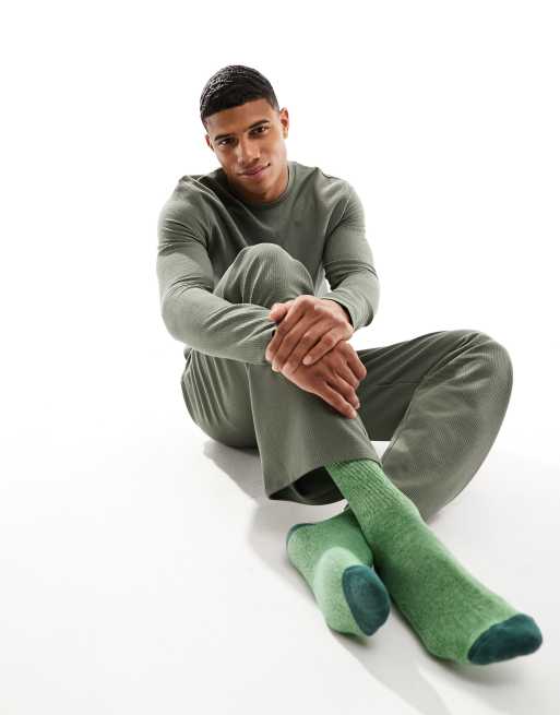 ASOS DESIGN waffle pajama set with long sleeve t-shirt and bottoms in khaki, 4 of 4