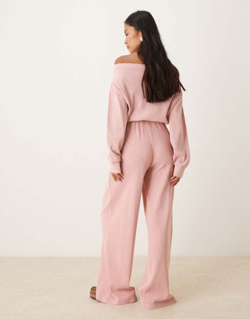 ASOS DESIGN waffle paperbag waist trackies in pink, 4 of 5