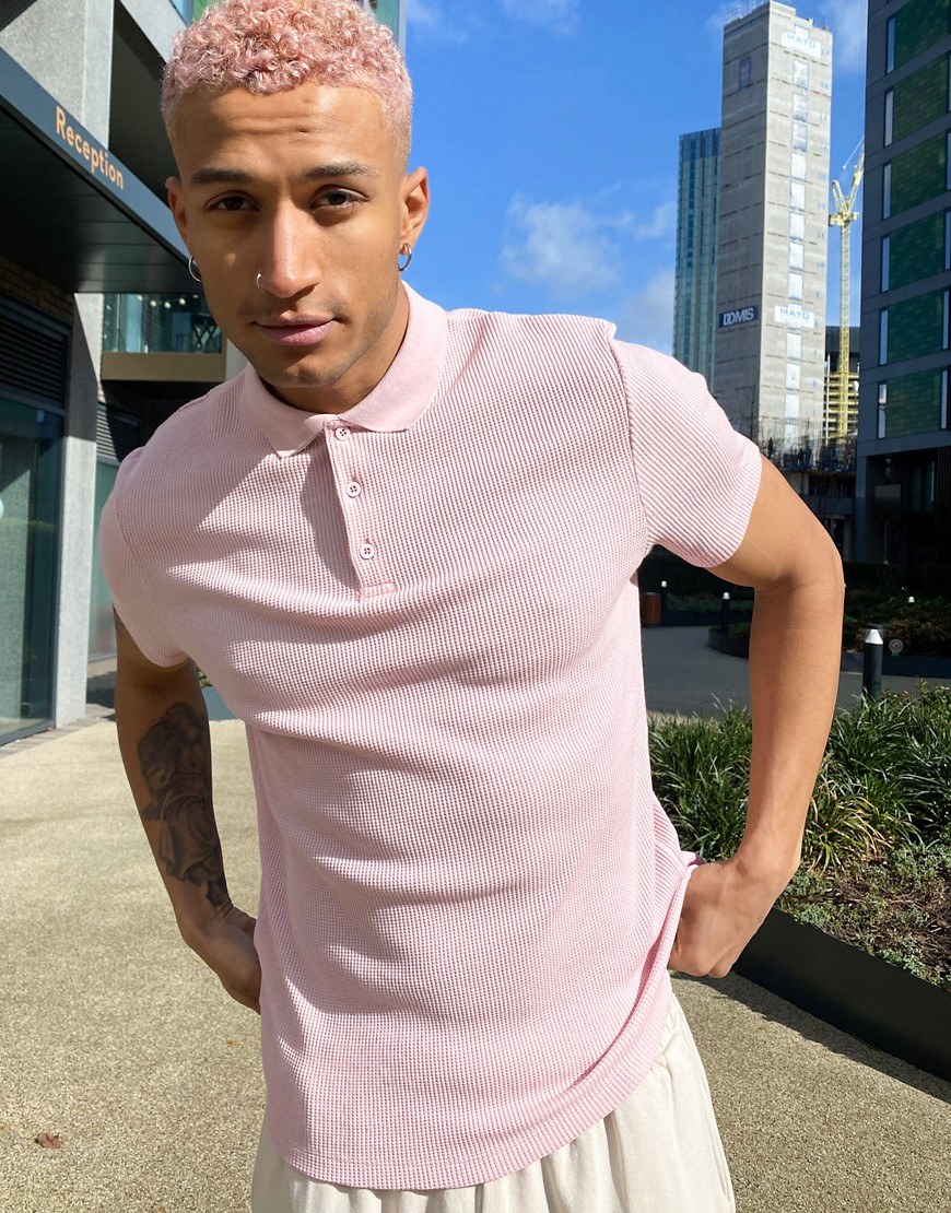 ASOS DESIGN waffle polo in pink