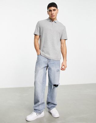 ASOS DESIGN waffle polo with zip detail in grey marl