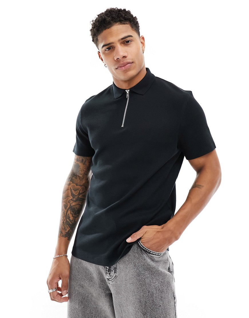 Asos Design Waffle Polo With Zip In Black