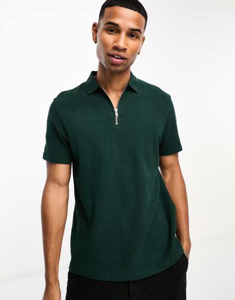 ASOS DESIGN waffle polo with zip in dark green - view 1