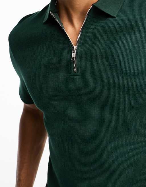 ASOS DESIGN waffle polo with zip in dark green, 3 of 4