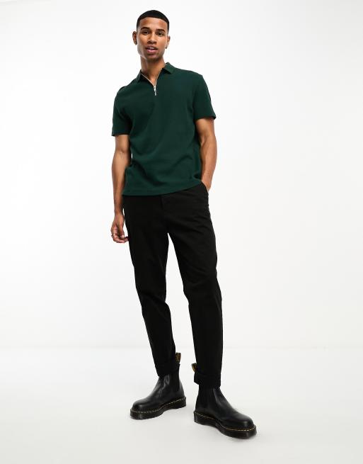 ASOS DESIGN waffle polo with zip in dark green, 4 of 4