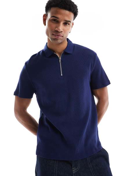 ASOS DESIGN waffle polo with zip in navy - view 1