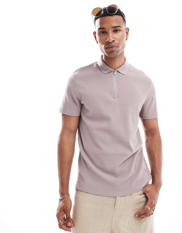 ASOS DESIGN - waffle polo with zip in purple