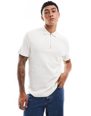 waffle polo with zipper in cream-White