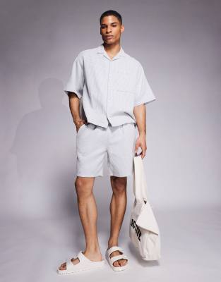 Asos Design Waffle Regular Camp Collar Shirt In Blue