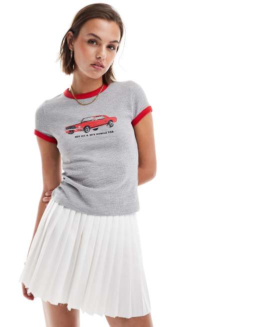 ASOS DESIGN waffle ringer baby tee with muscle car graphic in heather gray