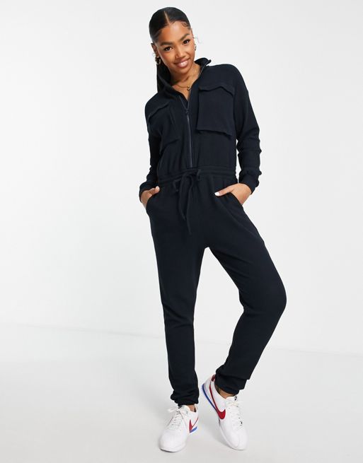ASOS DESIGN waffle slouchy jogger jumpsuit with pockets in navy