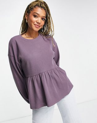 ASOS DESIGN waffle smock top with blouson sleeve in burgundy