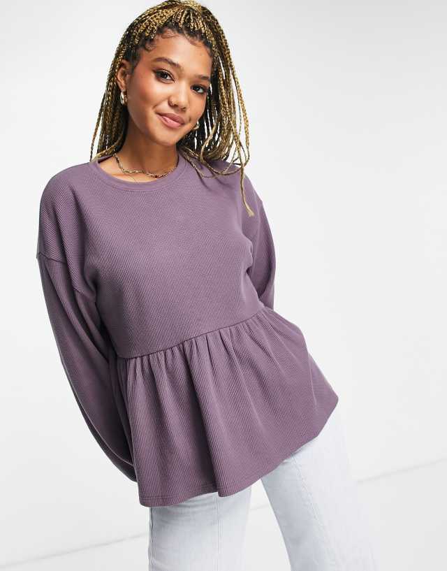 ASOS DESIGN - waffle smock top with blouson sleeve in burgundy