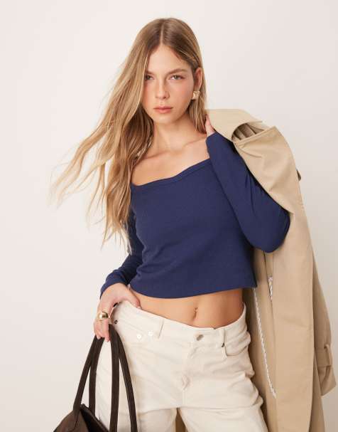 ASOS DESIGN waffle sweetheart waffle top in navy - view 1