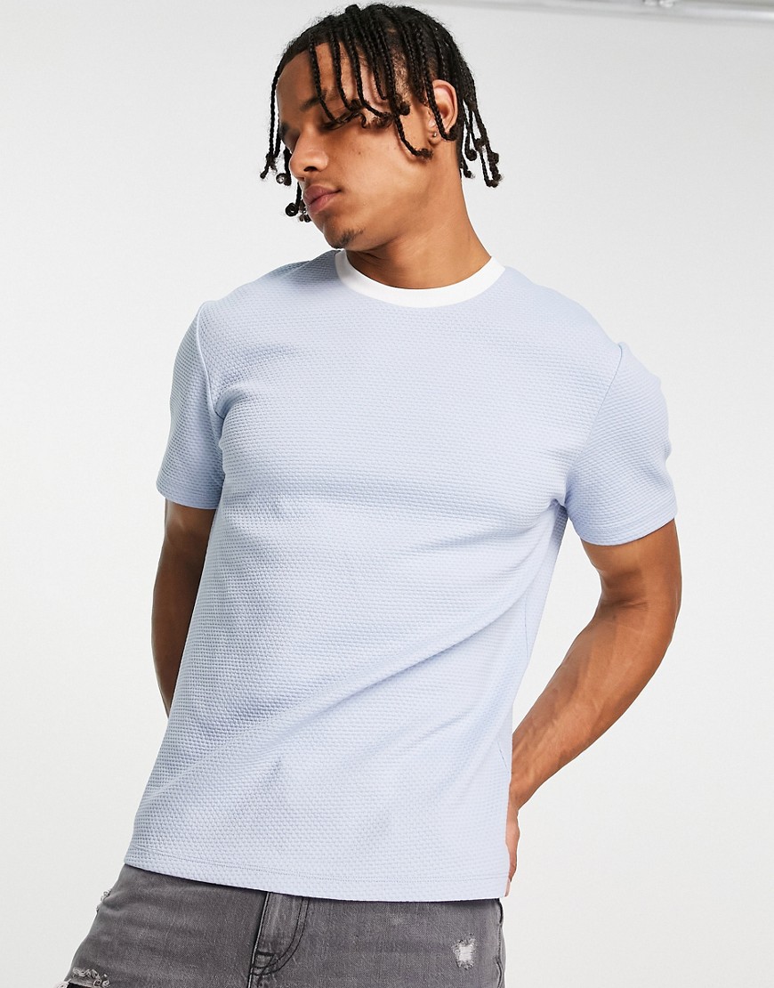 ASOS DESIGN waffle t-shirt in blue with white ringer
