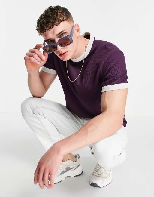 ASOS DESIGN waffle t-shirt with contrast trim in dark purple