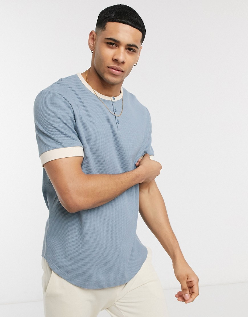 ASOS DESIGN waffle t-shirt with grandad neck and curved hem in blue