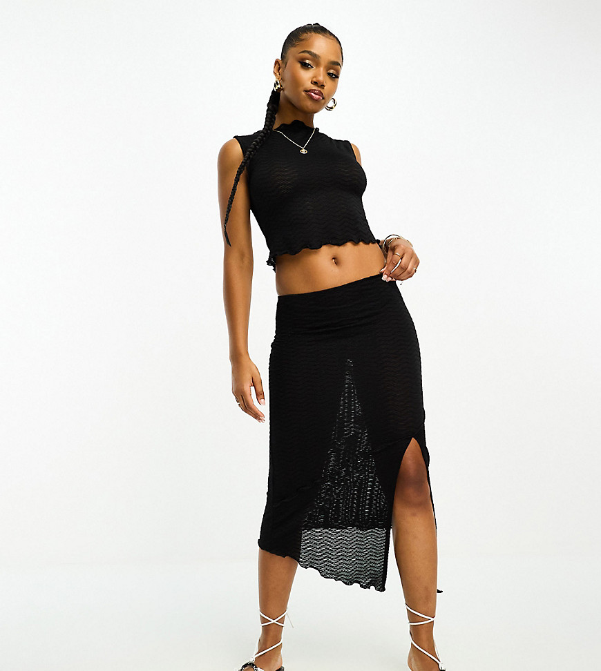 ASOS DESIGN waffle texture asymmetric low rise maxi skirt co-ord in black