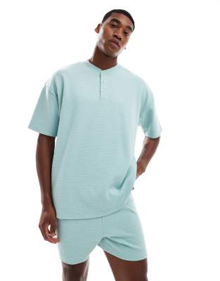 Asos Design Waffle Texture Sleepwear Set In Blue