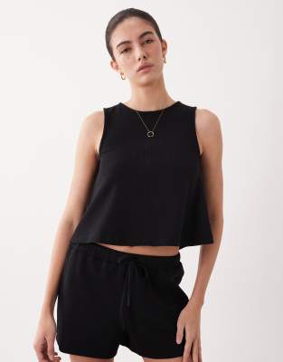 Asos Design Waffle Textured Swing Top With Tie Back Detail In Black