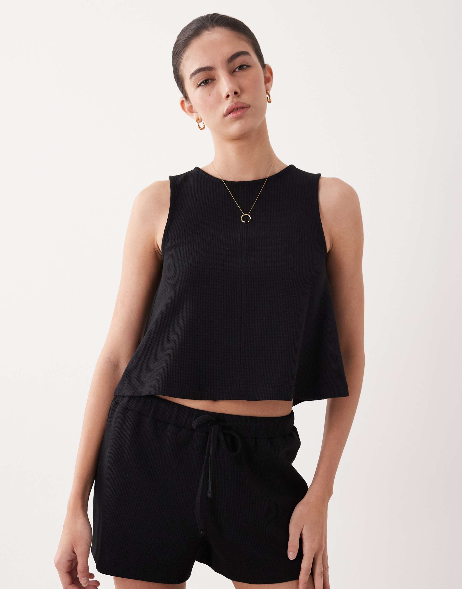 asos design waffle textured swing top with tie back detail in black - part of a set