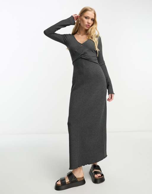 ASOS DESIGN waffle twist front midi dress with long sleeve in dark gray