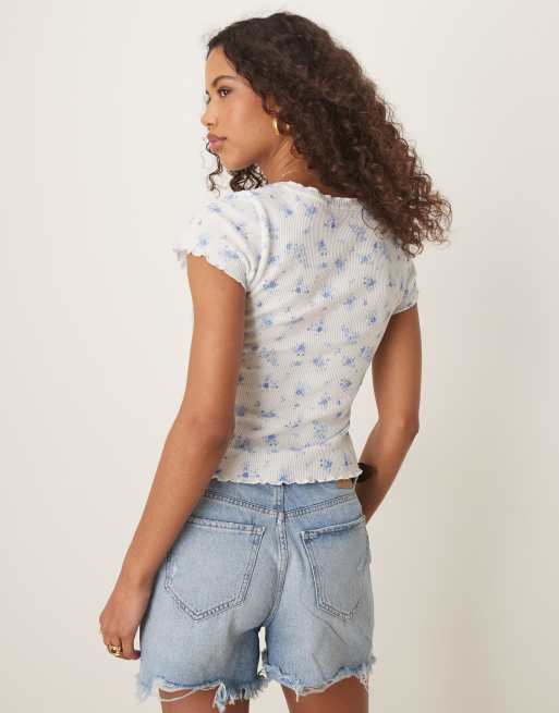 ASOS DESIGN waffle v neck t-shirt with overlock trim in floral print, 4 of 4