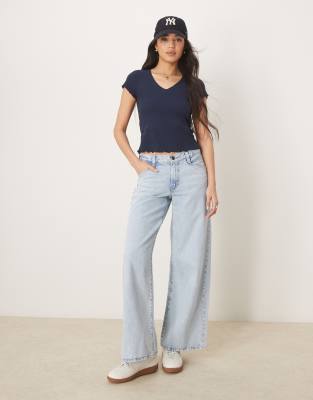 Asos Design Waffle V-neck T-shirt With Overlock Trim In Navy
