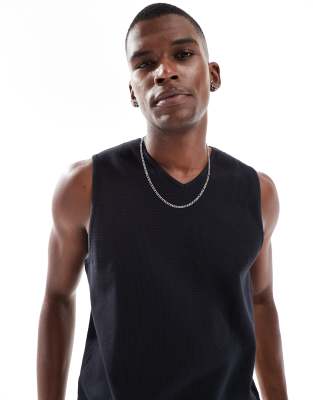 Asos Design Waffle V Neck Tank In Black