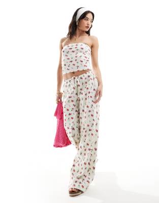 Asos Design Waffle Wide Leg Pants In Fruit Print - Part Of A Set-white