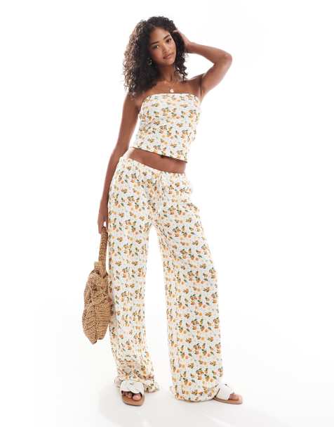 ASOS DESIGN waffle wide leg pants in orange fruit print (part of a set) - view 1