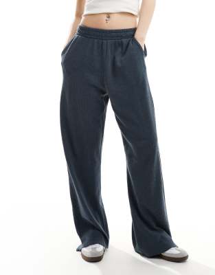 ASOS DESIGN waffle wide leg trouser in washed navy - NAVY