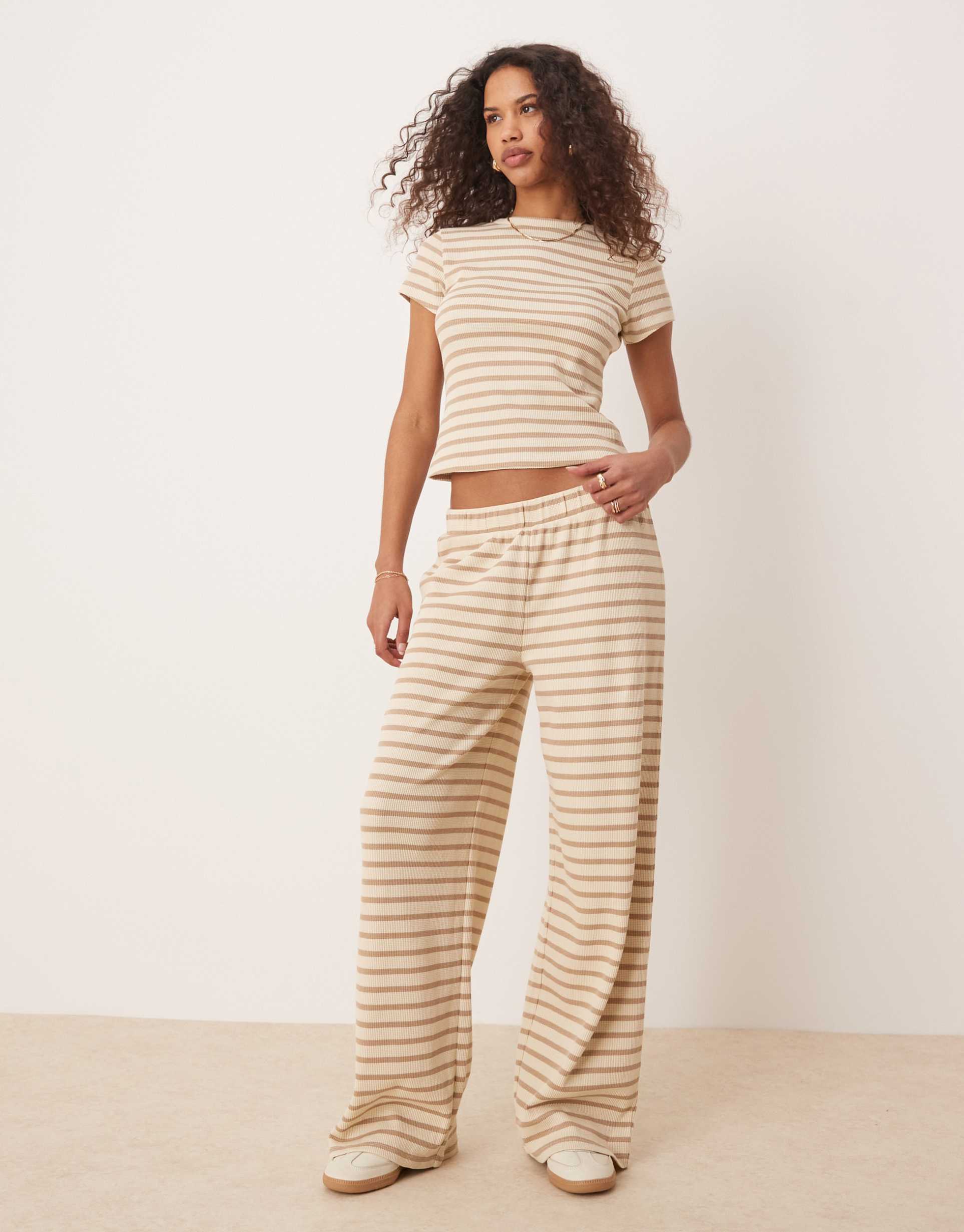 ASOS DESIGN waffle wide leg trousers co-ord in neutral stripe