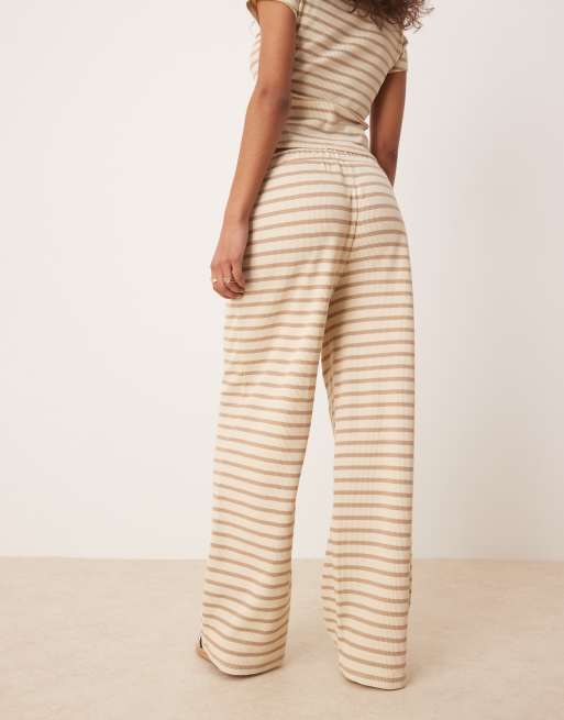 ASOS DESIGN waffle wide leg trousers co-ord in neutral stripe, 3 of 5